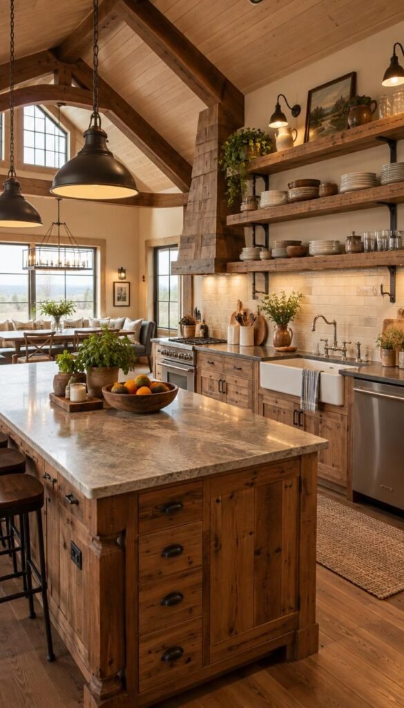 A spacious barndominium kitchen featuring a blend of rustic charm and modern design. In the foreground, showcase a large island with natural wood cabinetry and a contrasting stone countertop, adorned with tasteful decor like potted herbs and a stylish fruit bowl. In the middle ground, highlight open shelving made from reclaimed wood, displaying aesthetically arranged dishware and kitchen tools, alongside a vintage farmhouse sink with a polished chrome faucet. The background captures vaulted ceilings with exposed wooden beams, large windows allowing abundant natural light, and a cozy dining nook bathed in warm light from an industrial chandelier. The atmosphere is inviting and functional, ideal for both cooking and entertaining, with a soft, warm color palette to evoke a homely feel. Utilize soft, diffused lighting to enhance the cozy ambience. A spacious barndominium kitchen featuring a blend of rustic charm and modern design. In the foreground, showcase a large island with natural wood cabinetry and a contrasting stone countertop, adorned with tasteful decor like potted herbs and a stylish fruit bowl. In the middle ground, highlight open shelving made from reclaimed wood, displaying aesthetically arranged dishware and kitchen tools, alongside a vintage farmhouse sink with a polished chrome faucet. The background captures vaulted ceilings with exposed wooden beams, large windows allowing abundant natural light, and a cozy dining nook bathed in warm light from an industrial chandelier. The atmosphere is inviting and functional, ideal for both cooking and entertaining, with a soft, warm color palette to evoke a homely feel. Utilize soft, diffused lighting to enhance the cozy ambience.
