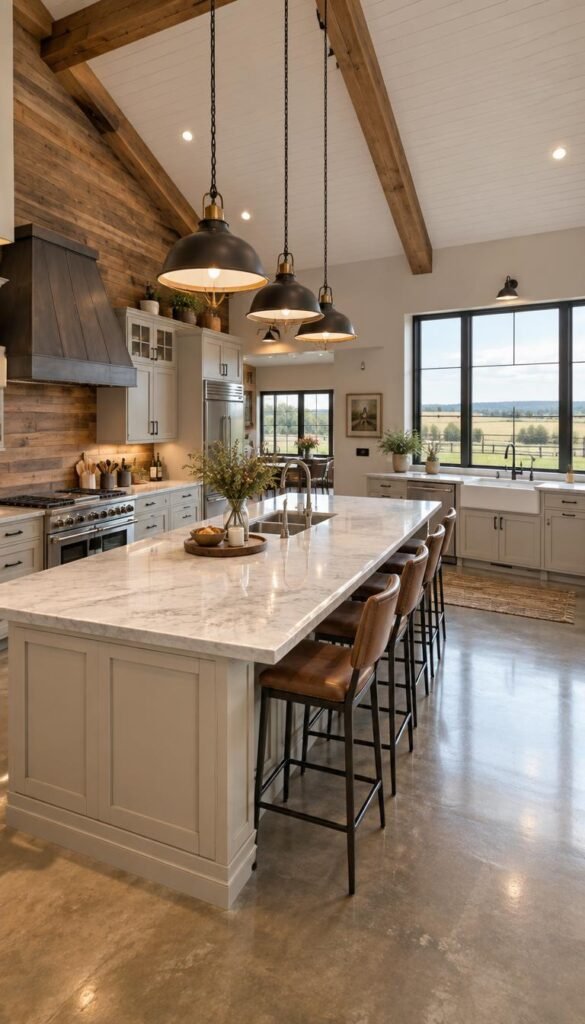 A spacious barndominium kitchen featuring an open floor plan, with a large central island surrounded by modern barstools. The island is topped with a sleek marble countertop and includes a double sink. To the left, a professional-grade stove is installed against a rustic wood wall, with ample cabinetry above for storage. On the right, a large farmhouse-style sink overlooks picturesque countryside views through a wide window. Warm, natural light floods the space from pendant lamps hanging above the island and large windows. The floor is polished concrete, and neutral tones are used throughout, creating a bright and inviting atmosphere. The kitchen layout should emphasize functionality and flow, perfect for cooking and entertaining. Angle the shot to give depth and perspective, capturing both the beauty and practicality of the design. A spacious barndominium kitchen featuring an open floor plan, with a large central island surrounded by modern barstools. The island is topped with a sleek marble countertop and includes a double sink. To the left, a professional-grade stove is installed against a rustic wood wall, with ample cabinetry above for storage. On the right, a large farmhouse-style sink overlooks picturesque countryside views through a wide window. Warm, natural light floods the space from pendant lamps hanging above the island and large windows. The floor is polished concrete, and neutral tones are used throughout, creating a bright and inviting atmosphere. The kitchen layout should emphasize functionality and flow, perfect for cooking and entertaining. Angle the shot to give depth and perspective, capturing both the beauty and practicality of the design.
