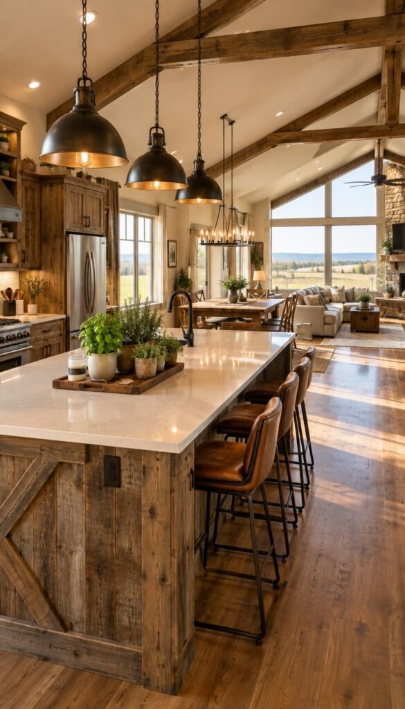 A spacious barndominium kitchen with an open floor plan, featuring a large central island with modern bar stools, crafted from reclaimed wood. The kitchen showcases sleek stainless steel appliances, rustic cabinetry, and bright quartz countertops. Warm, natural light pours in from large windows, illuminating the room and enhancing the inviting atmosphere. The foreground includes decorative potted herbs on the island and stylish pendant lights hanging above, while the middle ground highlights a cozy dining area with a farmhouse table. In the background, the living space flows seamlessly with comfortable seating and a beautiful view of the surrounding countryside. The mood is warm and inviting, perfect for family gatherings or entertaining guests. A spacious barndominium kitchen with an open floor plan, featuring a large central island with modern bar stools, crafted from reclaimed wood. The kitchen showcases sleek stainless steel appliances, rustic cabinetry, and bright quartz countertops. Warm, natural light pours in from large windows, illuminating the room and enhancing the inviting atmosphere. The foreground includes decorative potted herbs on the island and stylish pendant lights hanging above, while the middle ground highlights a cozy dining area with a farmhouse table. In the background, the living space flows seamlessly with comfortable seating and a beautiful view of the surrounding countryside. The mood is warm and inviting, perfect for family gatherings or entertaining guests.