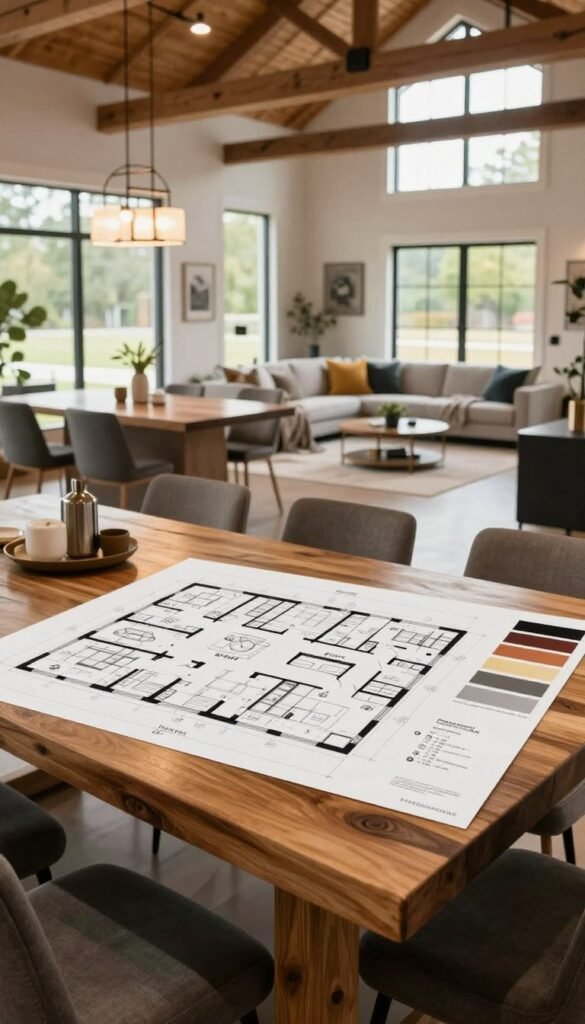 A spacious interior of a modern barndominium showcasing various custom design options and floor plans. In the foreground, a stylish dining area with a rustic wooden table, elegant light fixtures, and large windows allowing natural light to fill the space. The middle layer features a layout plan displayed on a glossy table, with detailed architectural drawings and color swatches, symbolizing customization. In the background, a sleek living area with cozy furnishings, emphasizing open space and bright colors. The atmosphere is inviting and contemporary, with warm lighting that creates a welcoming feel. The composition is viewed through a slight angle to enhance depth and perspective, focusing on the harmonious integration of indoor and outdoor living spaces.