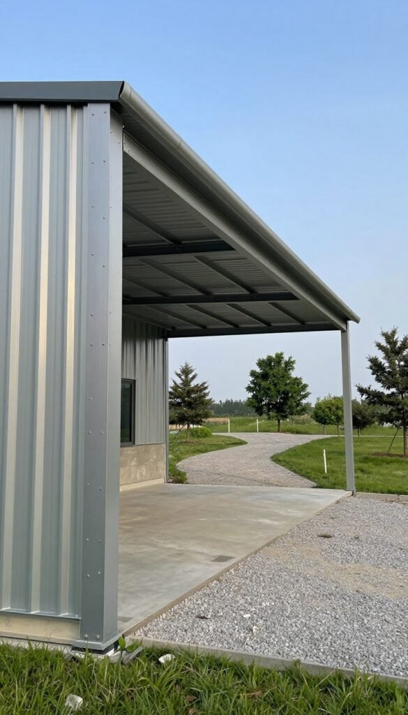 A sturdy, modern metal building prominently displayed in the foreground, showcasing its sleek design and durable materials. Emphasize the robust steel frame and weather-resistant panels with details like fasteners and seams. In the middle ground, include a well-maintained gravel driveway leading up to the building, bordered by green grass and a few trees, symbolizing resilience and quality. The background features a clear blue sky, casting soft, natural light on the structure, highlighting its reflective surfaces. Capture this scene from a slightly elevated angle, using a wide lens to convey a sense of strength and stability. The atmosphere should evoke professionalism and reliability, conveying the essence of quality and durability in metal building standards.