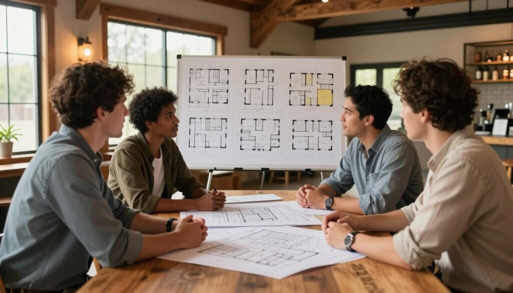 A stylish and inviting workspace scene focused on selecting a floor plan for a barndominium. In the foreground, a diverse group of three professionals—two men and one woman—sitting around a large wooden table covered with blueprints and architectural sketches. They are dressed in modest casual clothing, deeply engaged in discussion. The middle ground features a large display board showcasing various floor plan layouts, with some plans highlighted. In the background, large windows let in warm, natural light that creates an optimistic atmosphere. The setting has rustic elements, like wooden beams and industrial fixtures, evoking a barndominium style. The angle captures both the group and the plans, emphasizing collaboration and creativity in the design process.