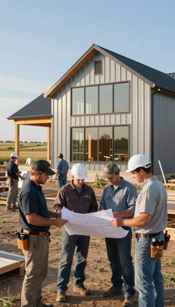 A team of professional barndominium builders in Kansas, actively engaged in the construction of a modern barndominium. In the foreground, skilled workers in professional business attire are measuring and discussing blueprints on-site, showcasing their expertise and collaboration. The middle ground features a partially constructed barndominium, highlighting its unique metal exterior and large windows, capturing the essence of quality craftsmanship. In the background, rolling Kansas fields under a clear blue sky create a serene rural atmosphere. The lighting is bright and natural, suggesting an early afternoon work setting, with soft shadows emphasizing the builders' faces. The overall mood conveys trust, professionalism, and dedication to creating beautiful, functional homes.