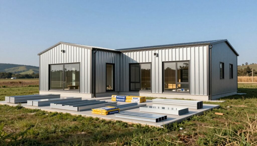 A tranquil scene showcasing a modern metal building home kit, prominently featured in the foreground. The building is 2,000 square feet, emphasizing sleek lines and a contemporary design with large windows that reflect natural light. In the middle ground, a neatly arranged layout of construction materials, such as steel panels and insulation packages, showcases the components included in the kit, all set on a well-maintained grassy area under a clear blue sky. In the background, gentle rolling hills with sparse trees hint at a serene rural setting. The image is captured in bright daylight, with soft shadows cast by the structure, evoking a sense of innovation and modern living. The overall atmosphere is professional, yet inviting, perfect for showcasing a practical housing solution.