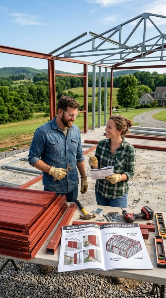 A vibrant illustration of a DIY barndominium kit in a picturesque rural setting. In the foreground, a detailed view of a modular barndominium kit, complete with pre-cut metal panels and illustrated assembly instructions, showcasing easy installation features. The middle ground features a pair of hands-on homeowners, a man and a woman dressed in casual yet professional work attire, examining the kit while holding tools, reflecting a sense of collaboration and enthusiasm. In the background, a beautiful green landscape with trees and a clear blue sky, bathed in warm sunlight, creates an inviting atmosphere, emphasizing the idea of an approachable and fulfilling DIY project. The image is captured from a slightly elevated angle, with soft, natural lighting to enhance the inviting ambiance.