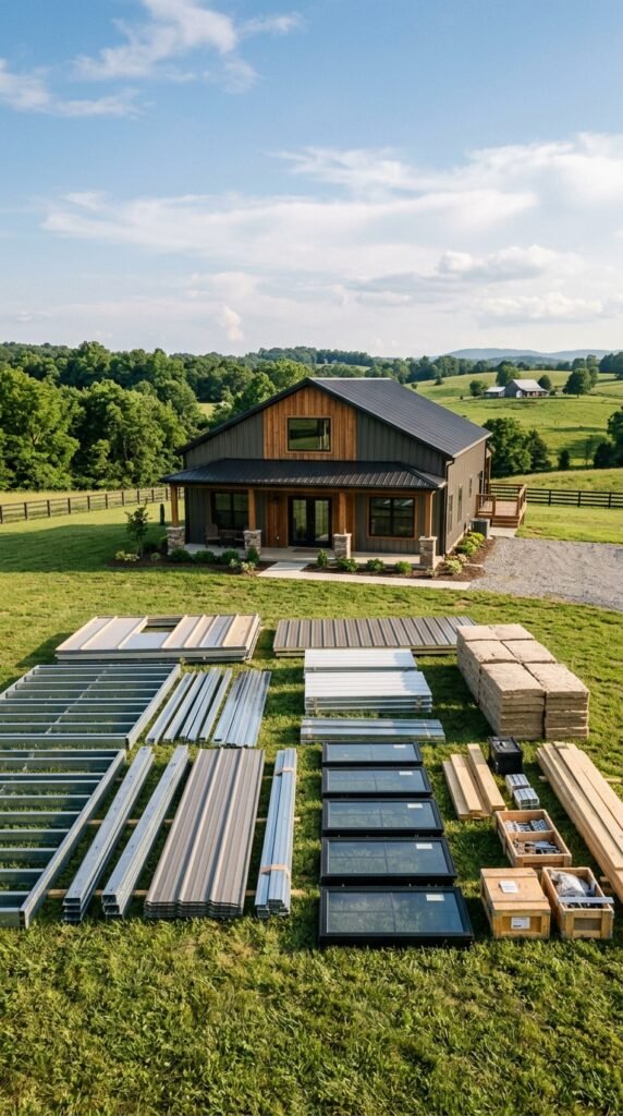 A visually striking image of a customizable barndominium kit layout, prominently featuring the modular components spread out in the foreground. Detailed sections include pre-cut metal framing, insulation panels, large window frames, and roofing sections, arranged on a grassy surface. In the middle ground, a tasteful assembled barndominium with rustic wooden accents and metal roofing stands proud, exuding a warm, inviting atmosphere. The background showcases a serene rural landscape, with rolling hills and a clear blue sky. Soft, natural lighting enhances the textures of the building materials and highlights the details of the barndominium's structure. The angle focuses on a low perspective, giving a sense of space and potential for customization, while evoking a DIY spirit.