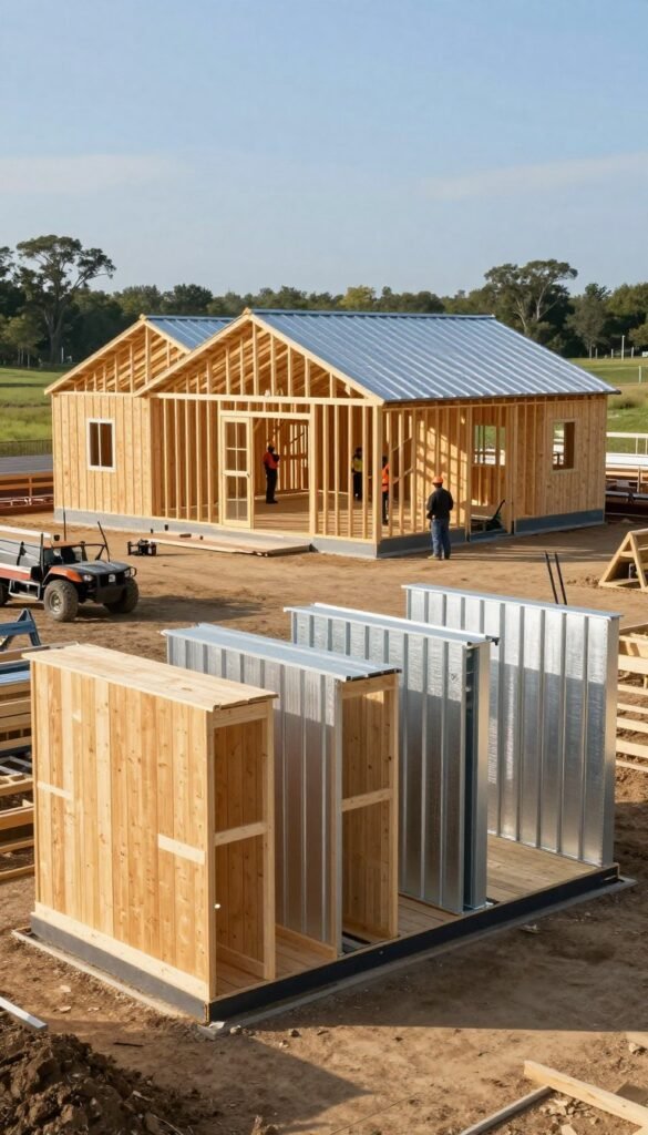 A well-structured construction site featuring a variety of pole barn kits displayed prominently in the foreground. These kits showcase different sizes and materials, with panels of wood and steel, complete with roofing options. In the middle ground, skilled workers are seen assembling a pole barn, wearing professional work attire, showcasing teamwork and efficiency. The background includes a clear blue sky and a lush green landscape, suggesting an ideal setting for construction. Soft sunlight casts gentle shadows, creating a warm and inviting atmosphere. The image is captured from a slightly elevated angle, providing a clear view of the construction process and the kits, emphasizing durability and quick assembly.
