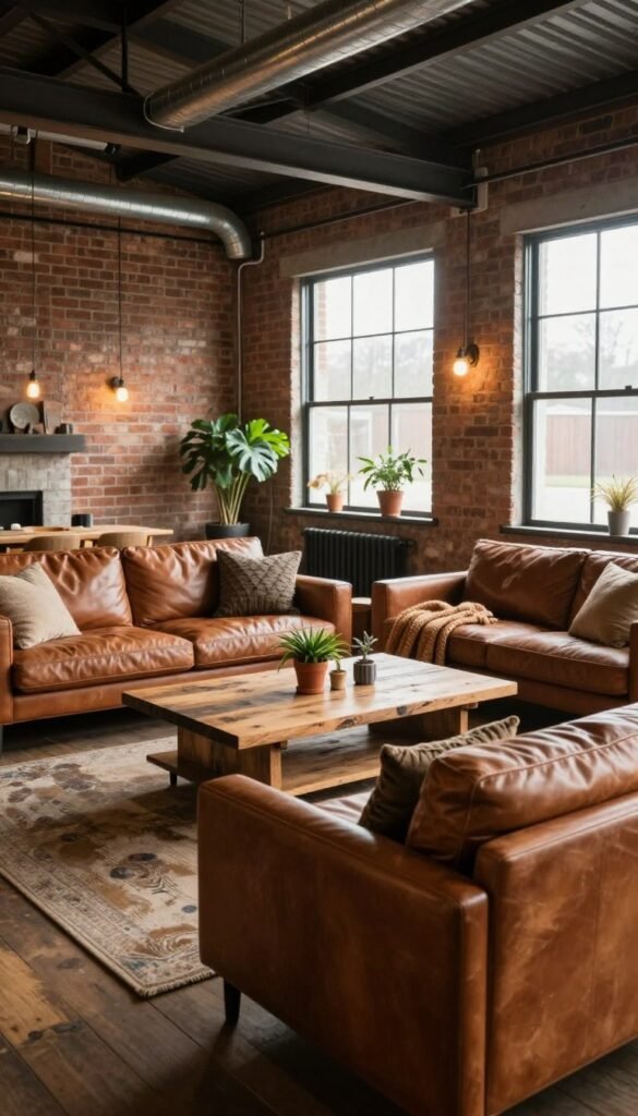 An industrial style home interior featuring a cozy, inviting atmosphere. In the foreground, a plush, oversized leather sofa with textured throw pillows sits atop a distressed wooden floor. In the middle, a large coffee table made from reclaimed wood is adorned with a few potted plants and a warm, woven blanket. The walls are exposed brick, showcasing a rich palette of earthy tones, and metallic accents like steel beams and pipes complement the space. In the background, large windows allow natural light to flood the room, casting soft shadows and creating a warm glow. The scene is framed by stylish pendant lights with warm bulbs. The overall mood is contemporary, yet comfortable, perfect for a metal building home interior. An industrial style home interior featuring a cozy, inviting atmosphere. In the foreground, a plush, oversized leather sofa with textured throw pillows sits atop a distressed wooden floor. In the middle, a large coffee table made from reclaimed wood is adorned with a few potted plants and a warm, woven blanket. The walls are exposed brick, showcasing a rich palette of earthy tones, and metallic accents like steel beams and pipes complement the space. In the background, large windows allow natural light to flood the room, casting soft shadows and creating a warm glow. The scene is framed by stylish pendant lights with warm bulbs. The overall mood is contemporary, yet comfortable, perfect for a metal building home interior.