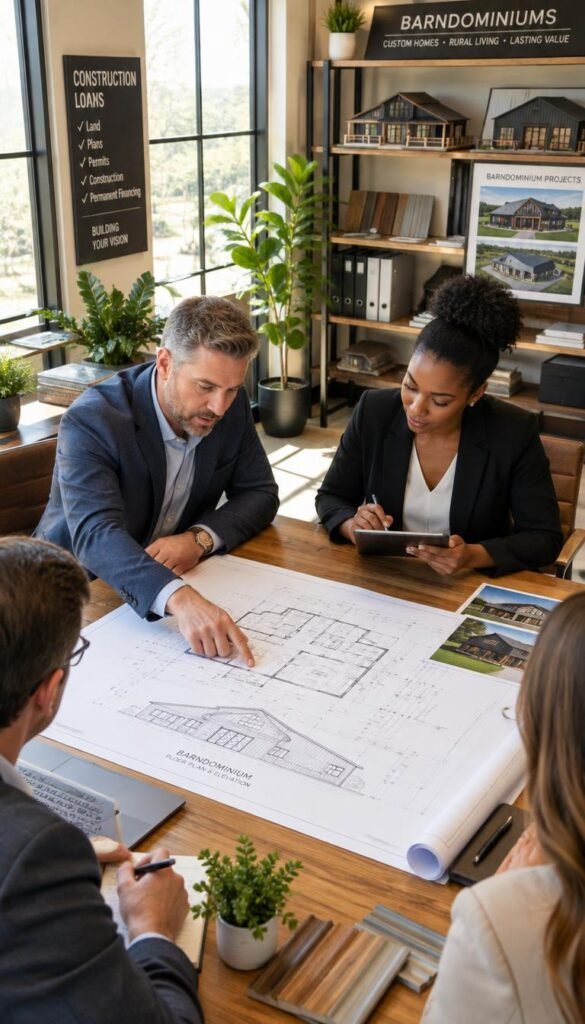SimpleBarndo, a professional office setting showcasing a diverse group of individuals in business attire discussing architectural plans for a barndominium. In the foreground, a middle-aged Caucasian man gestures towards a blueprint on a table, while a young African American woman takes notes on a tablet, indicating collaboration. The middle ground features a large window letting in natural light, illuminating the room with a warm atmosphere, complemented by green plants in decorative pots. In the background, shelves filled with construction materials and models of barndominiums display ongoing projects. The overall mood is focused and dynamic, capturing the essence of navigating the construction loan process with emphasis on teamwork and professionalism. The image is framed from a slight overhead angle to showcase the collaborative spirit.