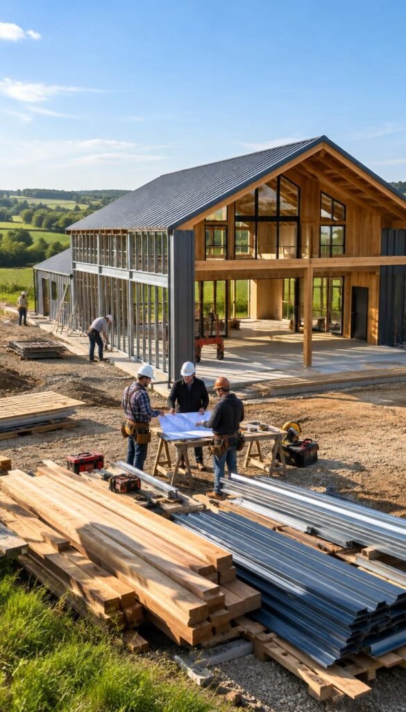 SimpleBarndo. Visualize a contemporary barndominium under construction, showcasing distinct architectural features such as a metal frame, wooden accents, and large windows. In the foreground, include construction materials like wooden beams, steel panels, and tools scattered around. The middle layer should depict workers in professional attire, actively collaborating on the build, possibly discussing blueprints. In the background, a partially constructed barndominium reflects modern farmhouse aesthetics with open spaces and natural light streaming through the windows. Use soft, warm lighting to create an inviting atmosphere, with a slightly elevated angle to capture the scope of the project and the serene exterior landscape of rolling green fields. The sky is a clear blue, evoking a sense of progress and optimism.
