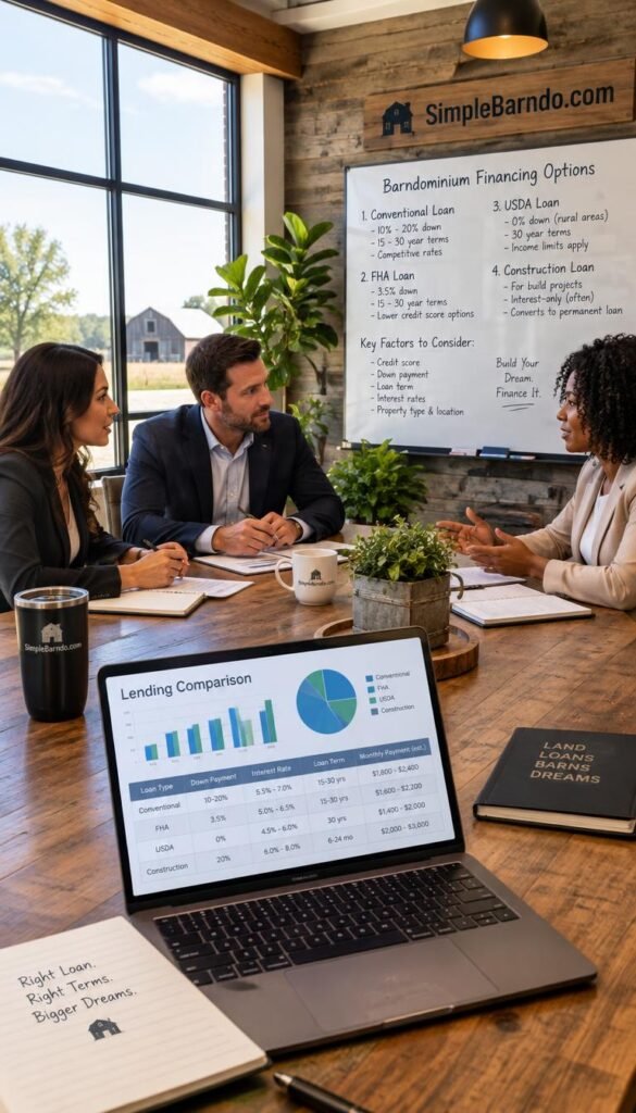 SimpleBarndo.com, a professional office setting featuring a large wooden conference table, surrounded by a diverse group of three professionals in business attire discussing barndominium financing options. In the foreground, an open laptop displays financial charts and graphs relating to lending comparisons. In the middle ground, a large window allows natural light to flood the room, highlighting a modern aesthetic with green plants and rustic decor elements, such as wooden beams and textured walls. In the background, a whiteboard filled with notes outlines different financing options. The atmosphere is collaborative and focused, with warm, inviting lighting that fosters a sense of trust and professionalism.